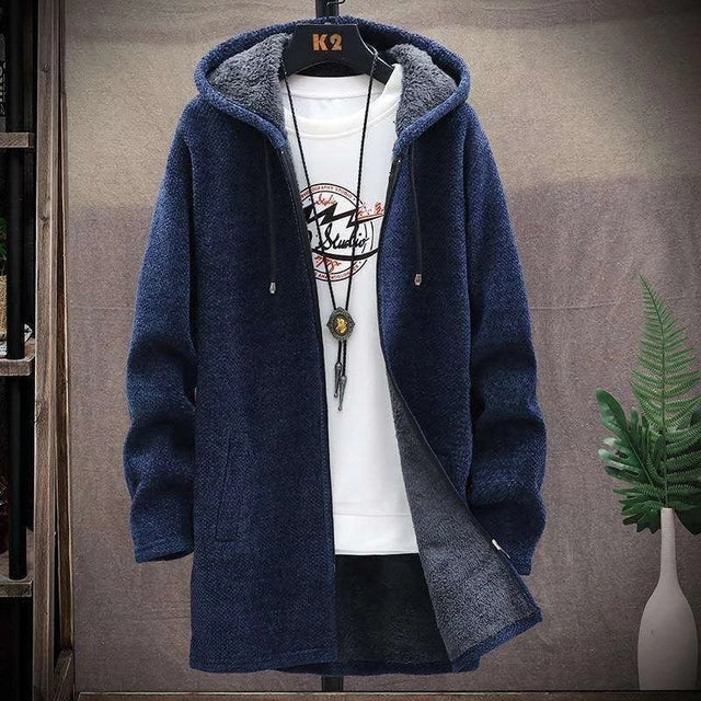 2023 Men Casual Sweaters Jacket Slim Long Thick Warm Hooded Sweater Coat mysite