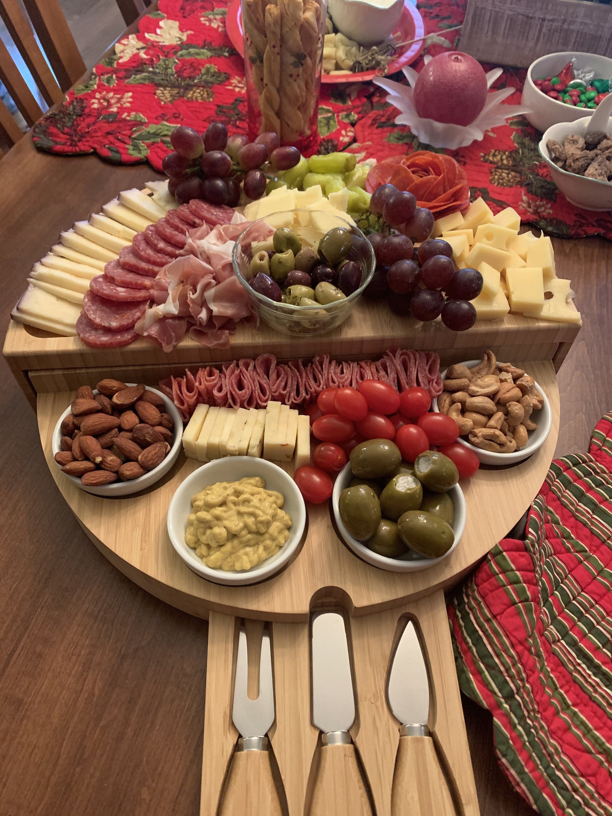 🧀2023 Bamboo Swivel Charcuterie Board🔥With 4 Integrated Ceramic Bowls And 3 Piece Knife Set mysite