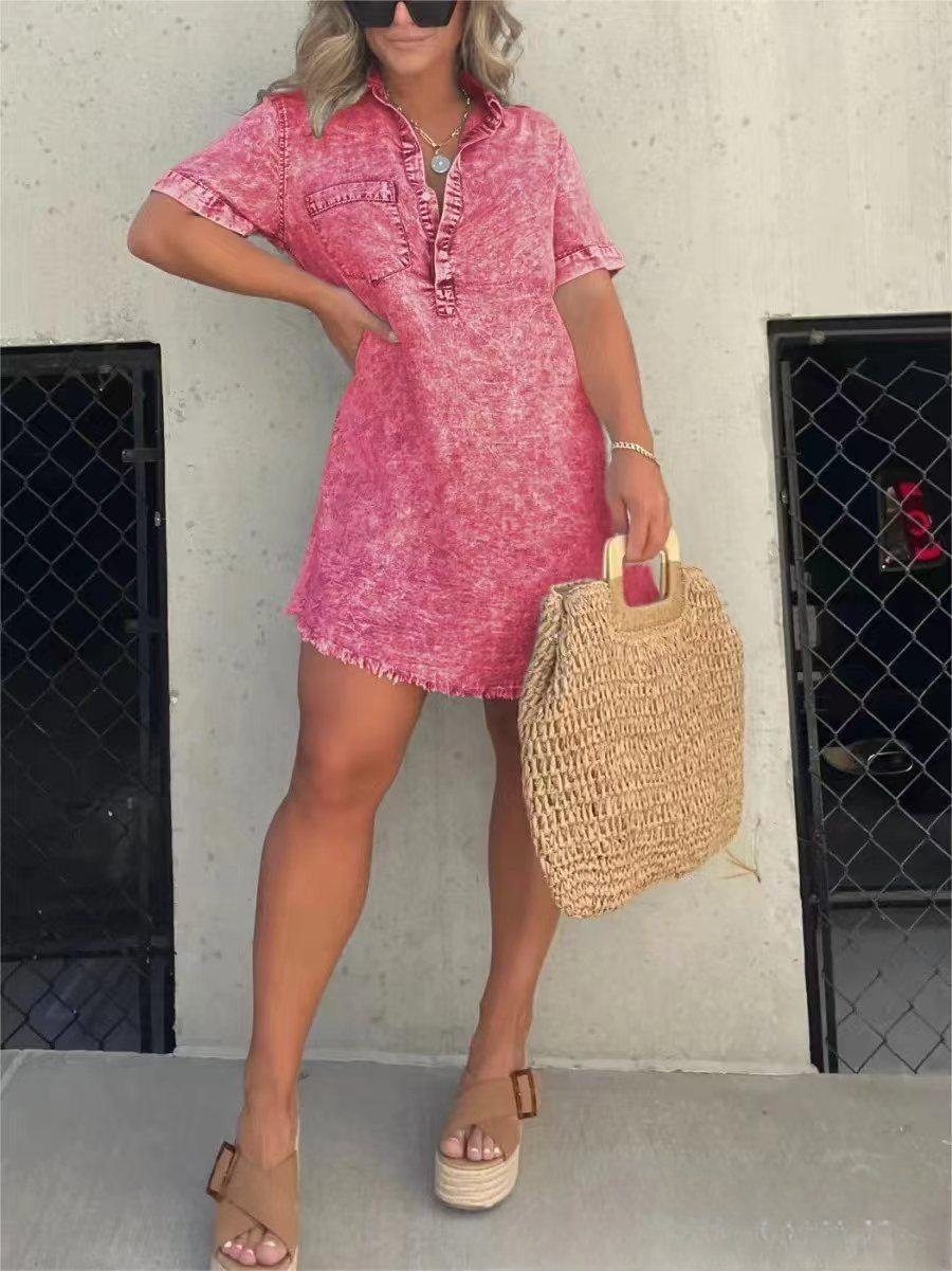 Short Sleeve Casual Denim Shirt Dress-Buy two and get free shipping! mysite