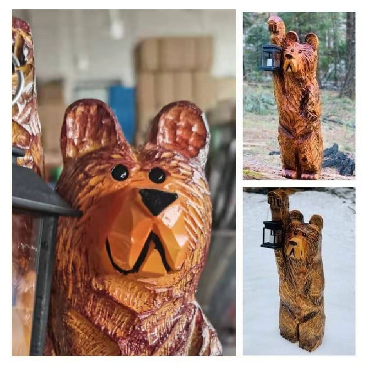 🎄Cedar carved Bear with solar lantern🌲 mysite