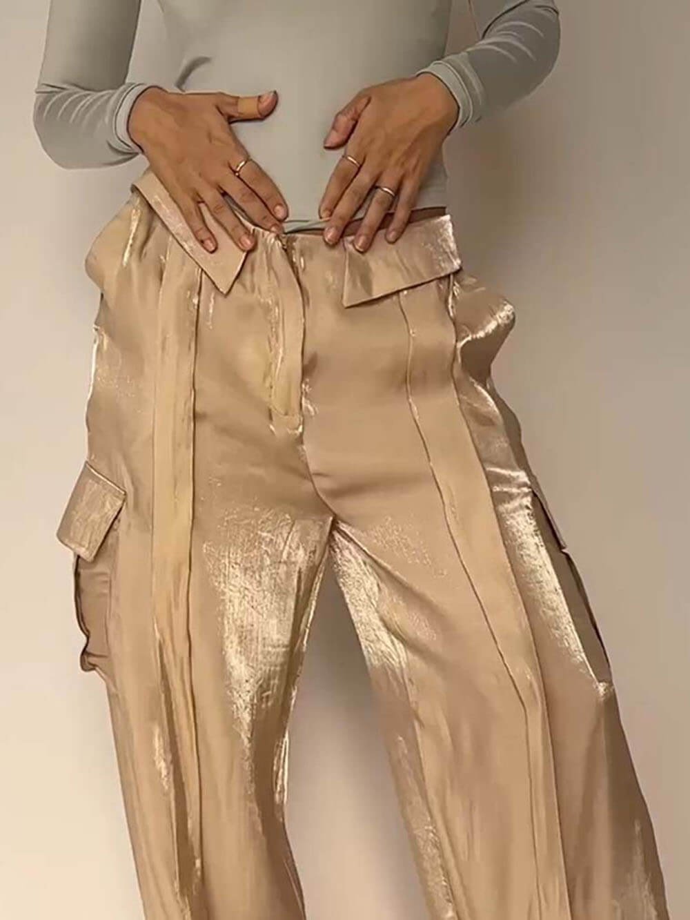 Golden Years Glitter Fabric Drawstring Waist Pocketed Wide Leg Pants - Buy two and get free shipping! mysite