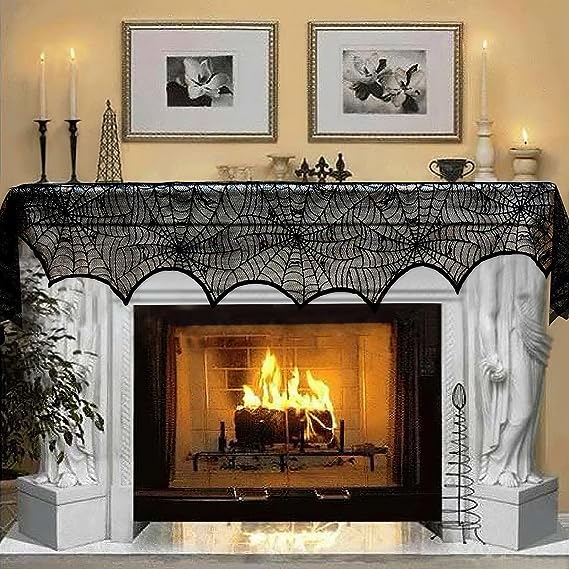 🔥Halloween Hot Sale -Halloween Decorations Black Lace Spiderweb Fireplace Mantle