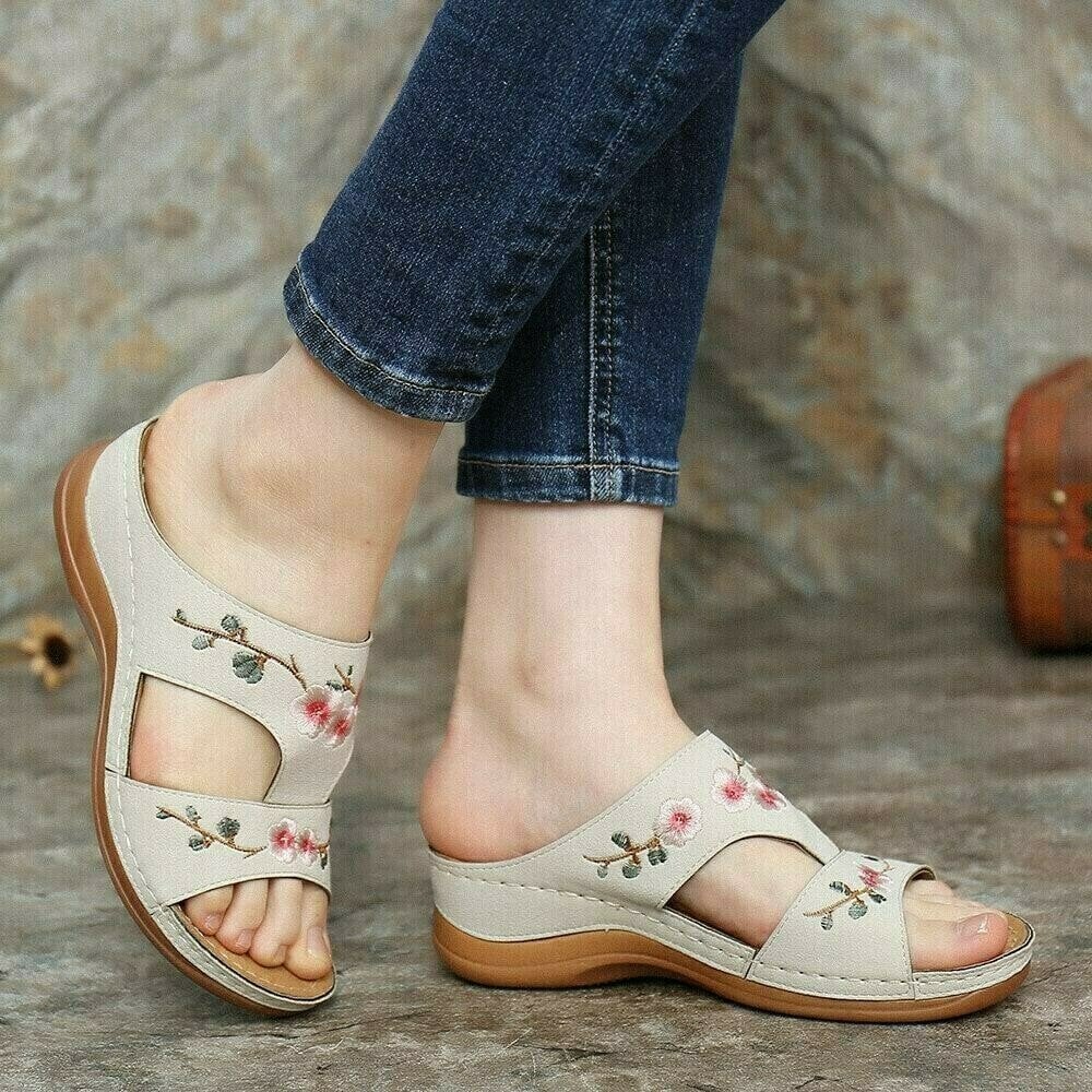 Flower Embroidered Vintage Comfy Wedges Sandals mysite