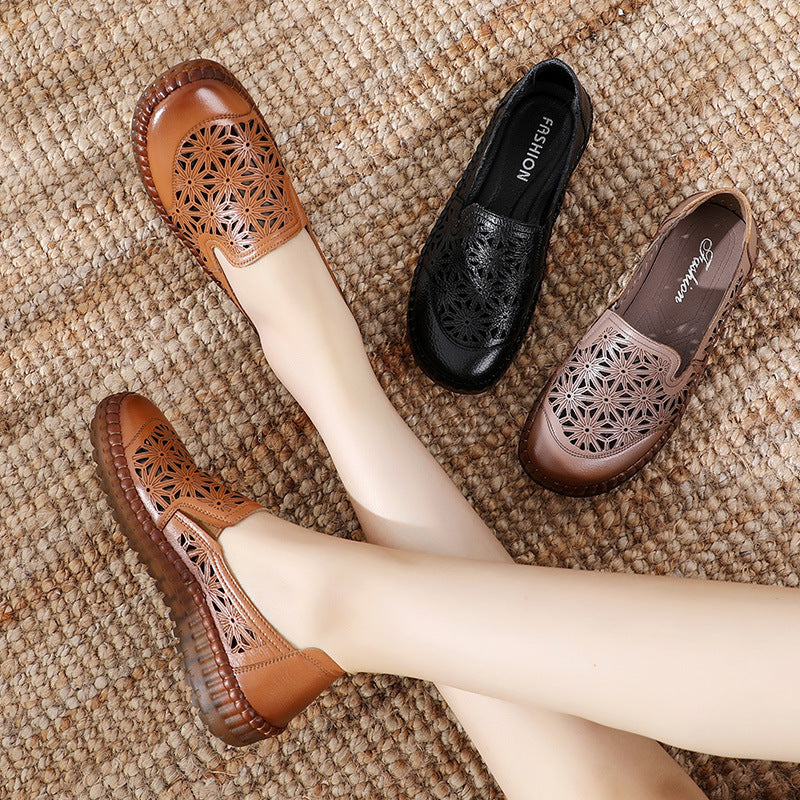 2023 new comfortable soft bottom breathable non-slip engraved retro ladies leather shoes mysite