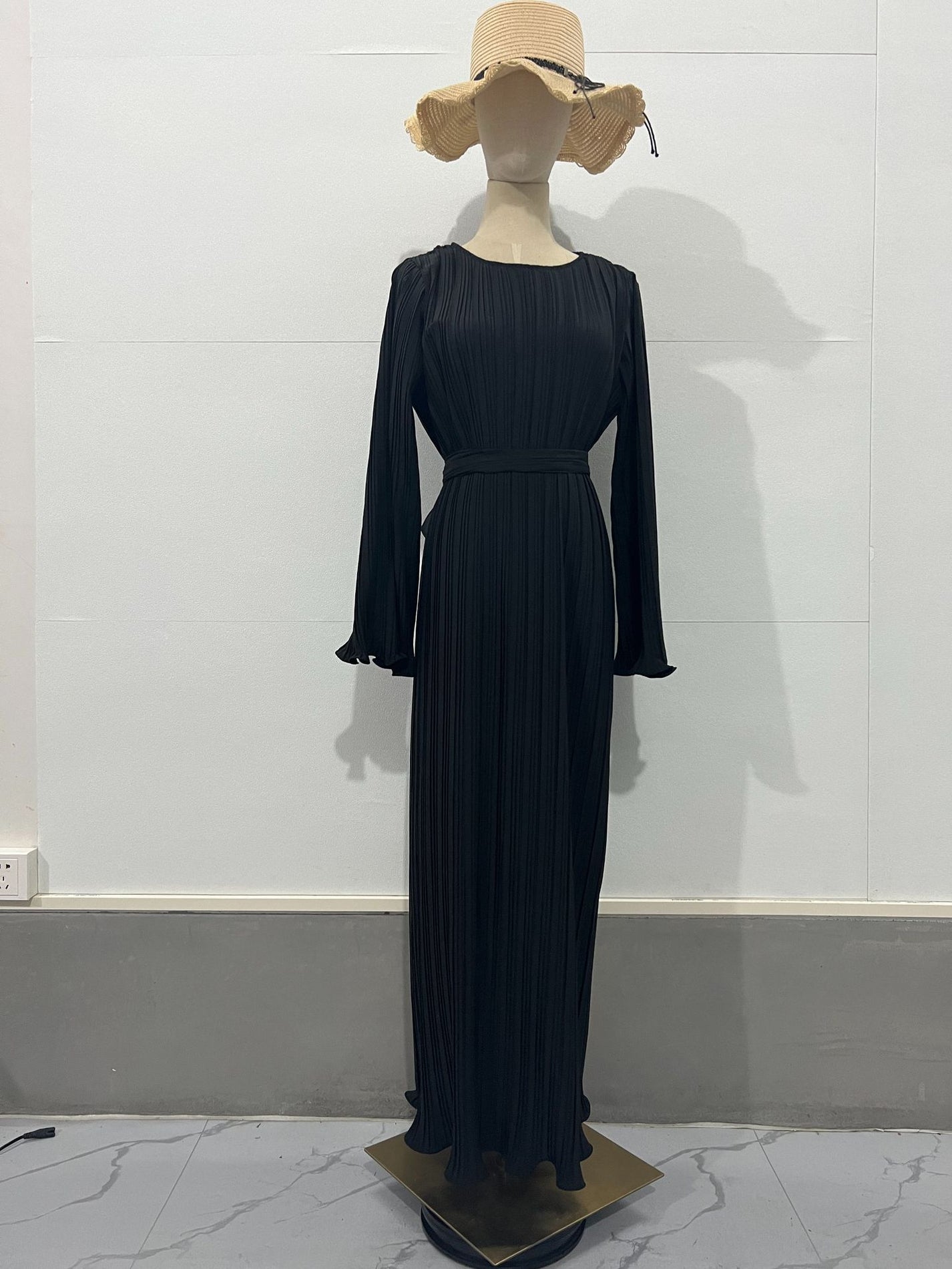 Pleated Bell Sleeve Back Tie Up Maxi Dress
