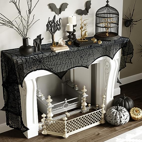 🔥Halloween Hot Sale -Halloween Decorations Black Lace Spiderweb Fireplace Mantle mysite