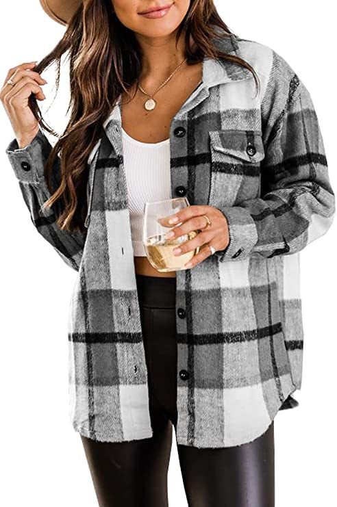 ✨Womens Casual Plaid Shacket Button Down Long Sleeve Shirt mysite