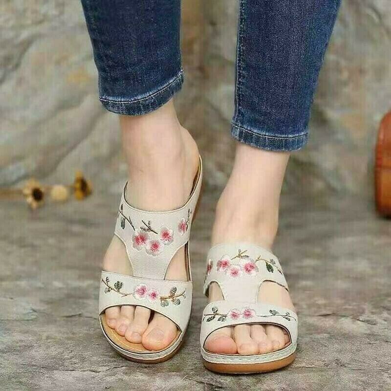 Flower Embroidered Vintage Comfy Wedges Sandals mysite