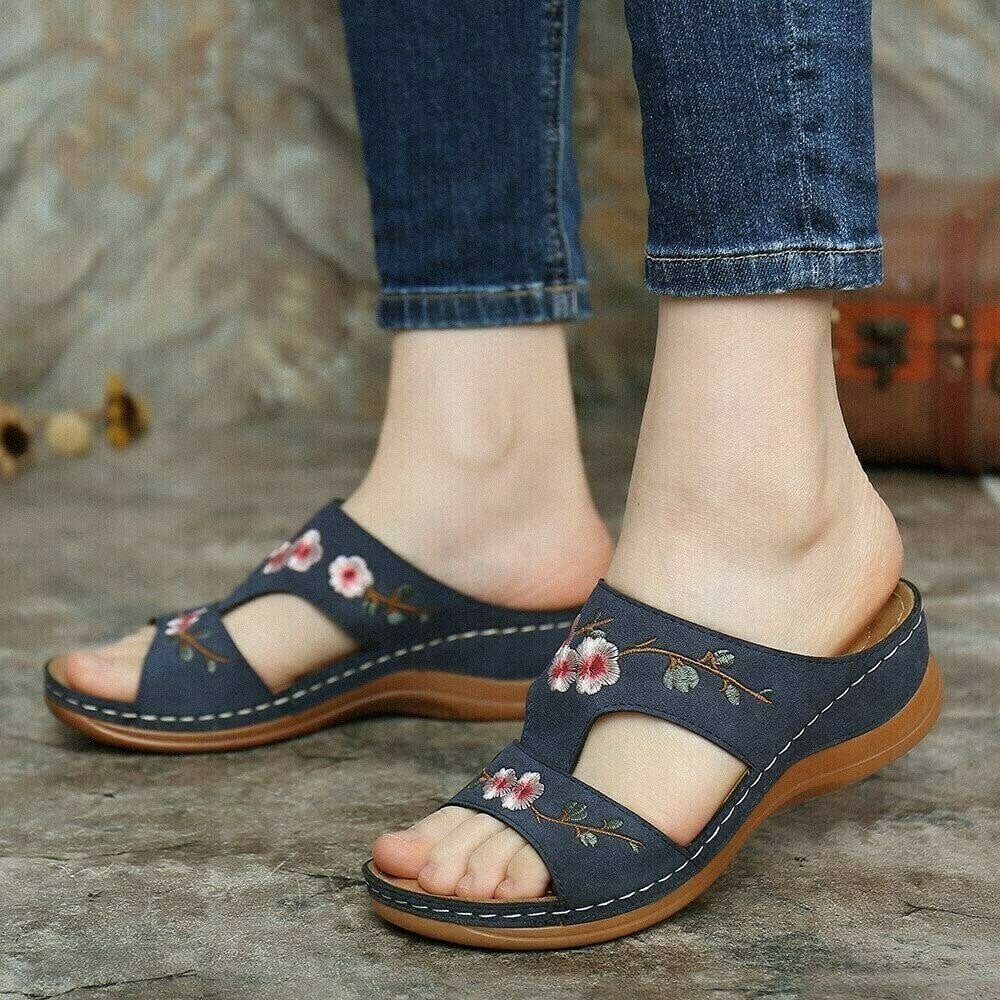 Flower Embroidered Vintage Comfy Wedges Sandals mysite