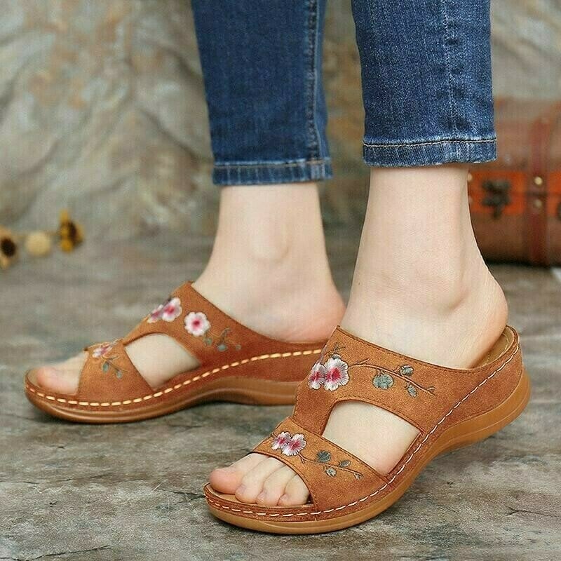 Flower Embroidered Vintage Comfy Wedges Sandals mysite