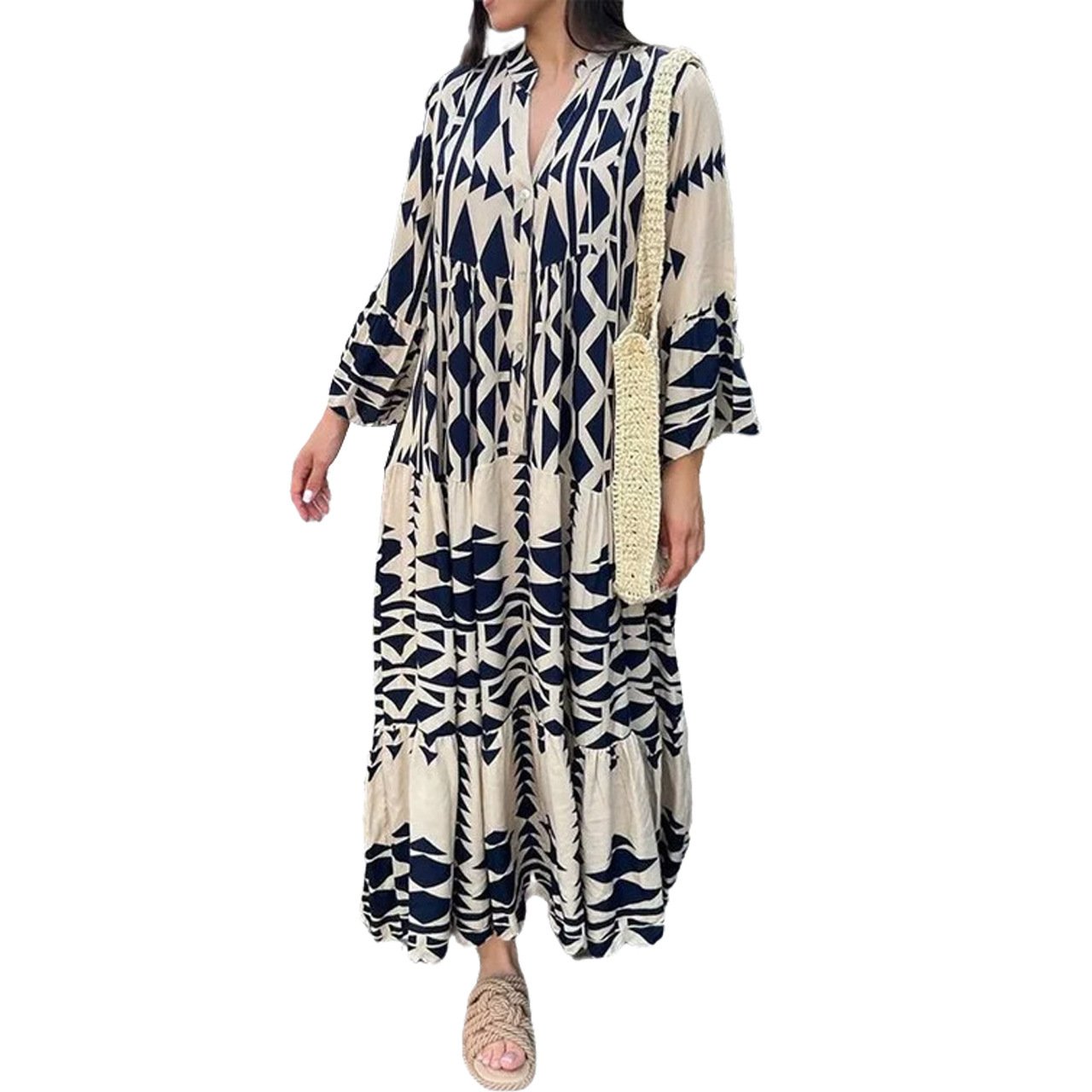 💥HOT SALE💥Oversized Retro Print V-Neck Dress - Buy two and get free shipping! mysite