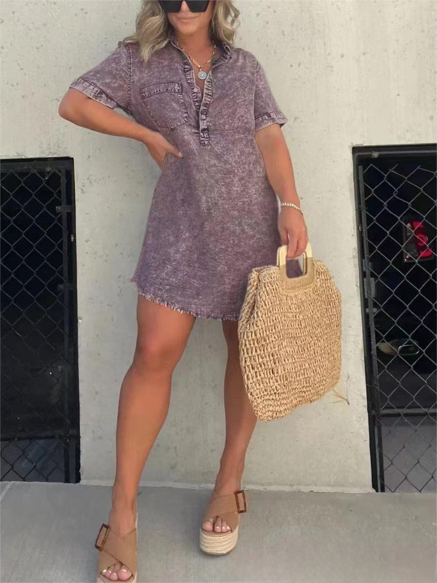 Short Sleeve Casual Denim Shirt Dress-Buy two and get free shipping!