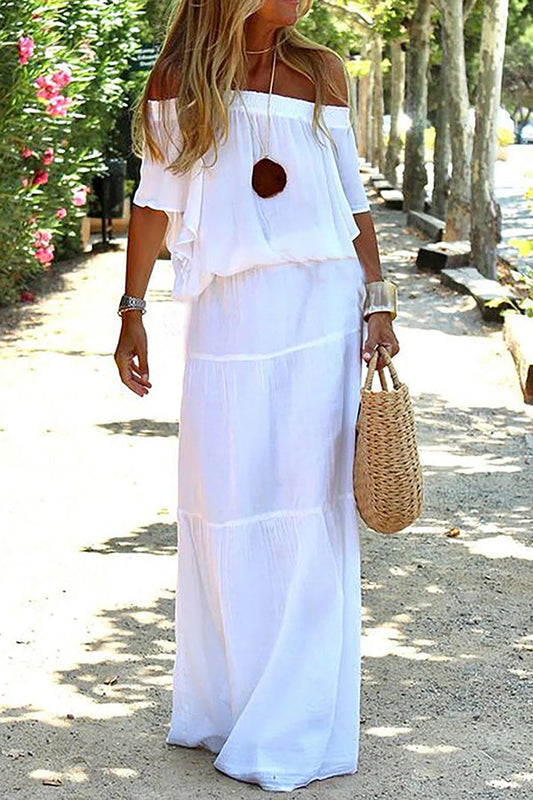 Casual Off Shoulder Solid Beach Maxi Dress mysite