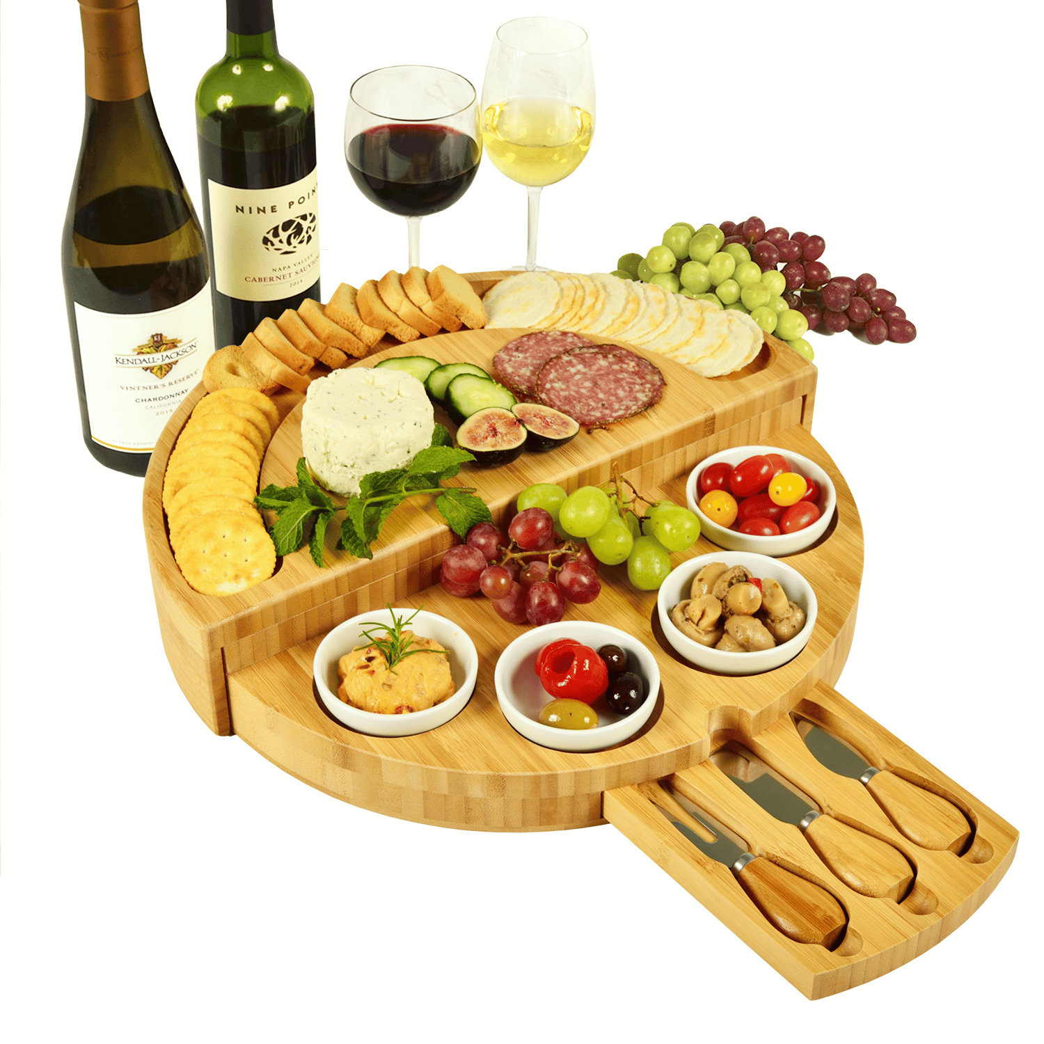 🧀2023 Bamboo Swivel Charcuterie Board🔥With 4 Integrated Ceramic Bowls And 3 Piece Knife Set mysite