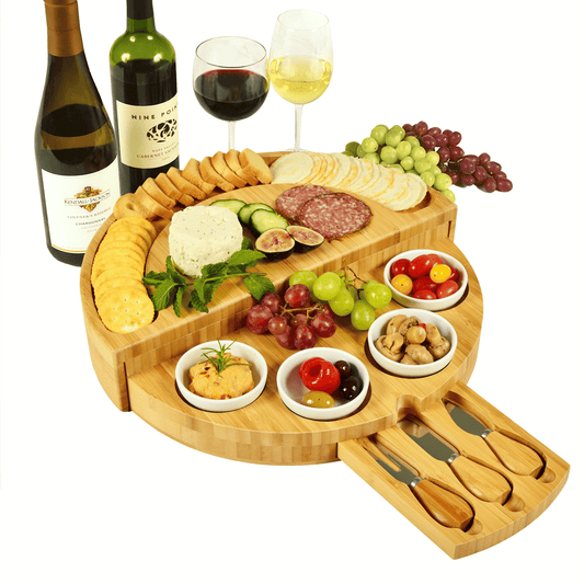 🧀2023 Bamboo Swivel Charcuterie Board🔥With 4 Integrated Ceramic Bowls And 3 Piece Knife Set mysite