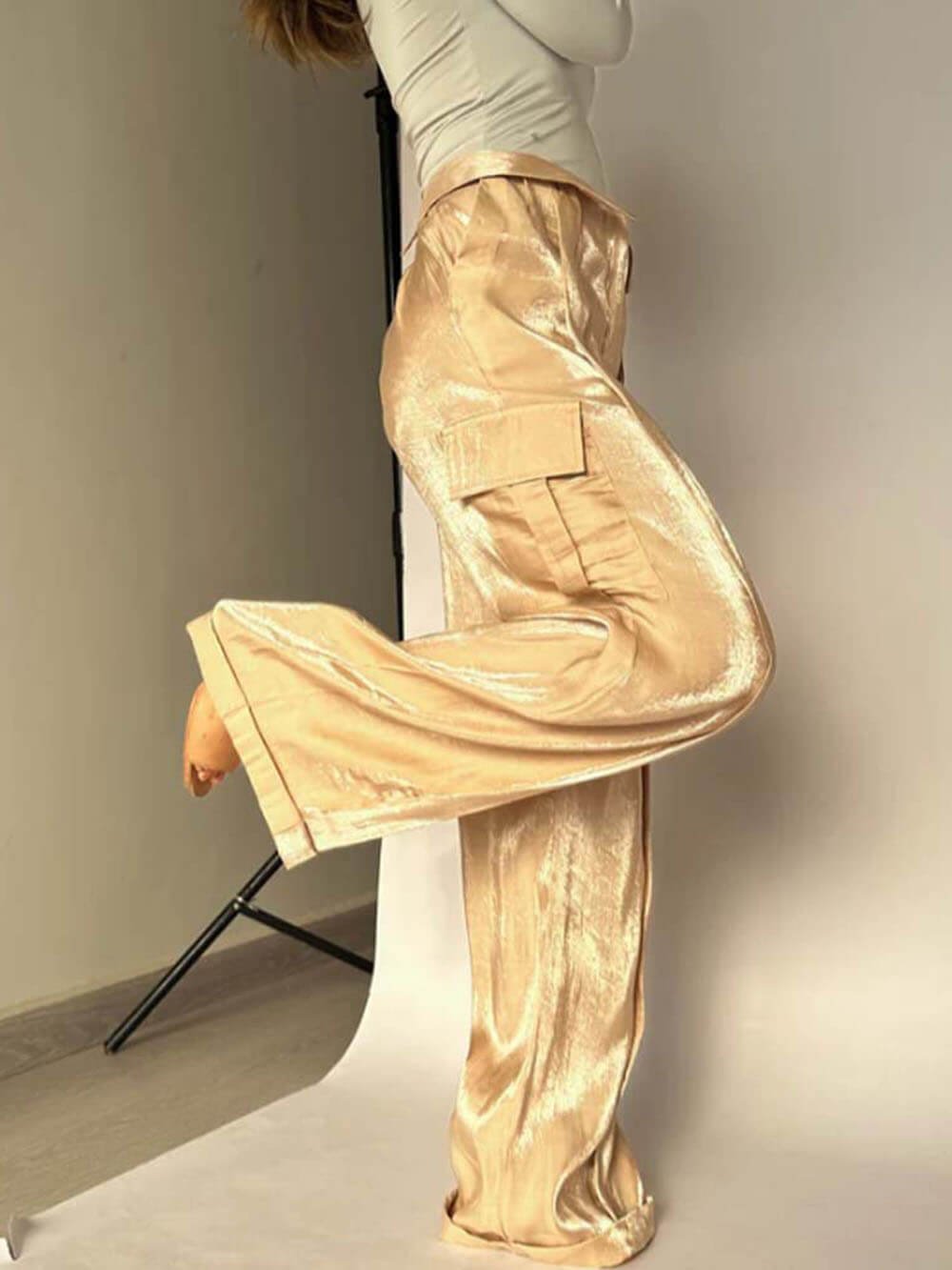 Golden Years Glitter Fabric Drawstring Waist Pocketed Wide Leg Pants - Buy two and get free shipping! mysite