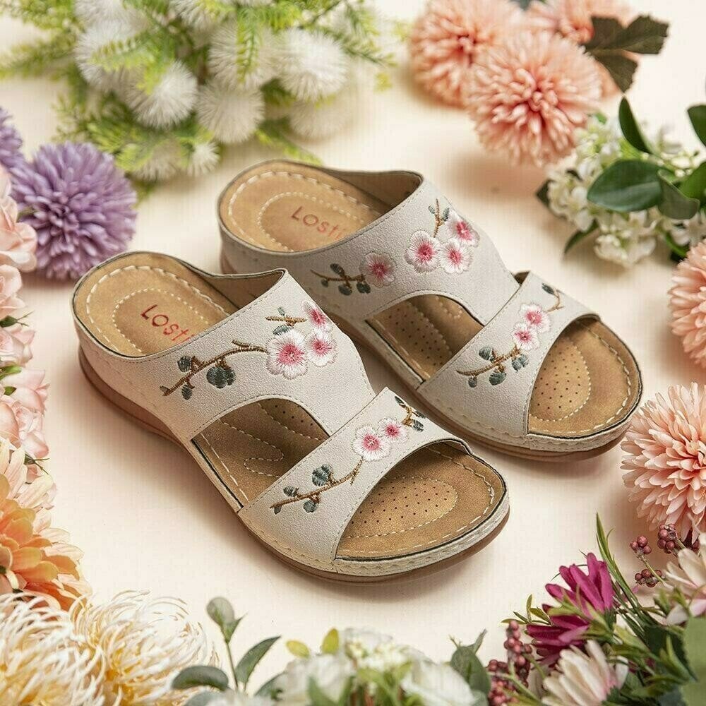 Flower Embroidered Vintage Comfy Wedges Sandals mysite