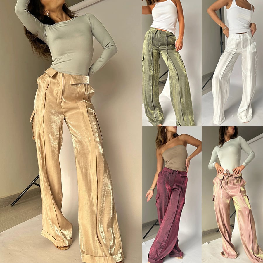 Golden Years Glitter Fabric Drawstring Waist Pocketed Wide Leg Pants - Buy two and get free shipping! mysite