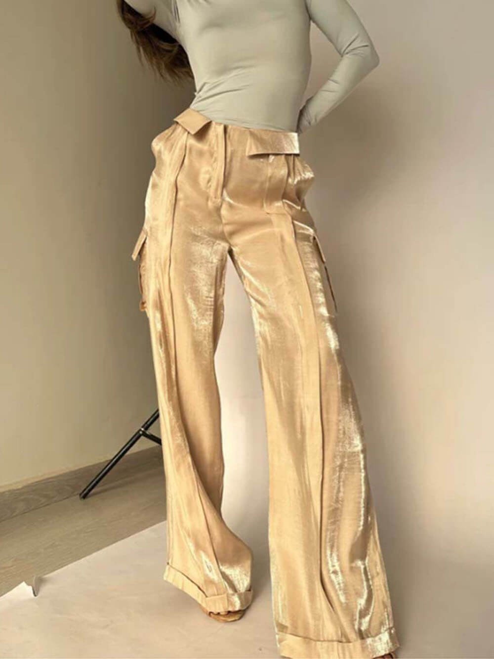 Golden Years Glitter Fabric Drawstring Waist Pocketed Wide Leg Pants - Buy two and get free shipping! mysite