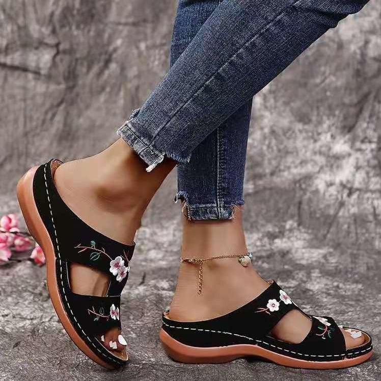 Flower Embroidered Vintage Comfy Wedges Sandals mysite