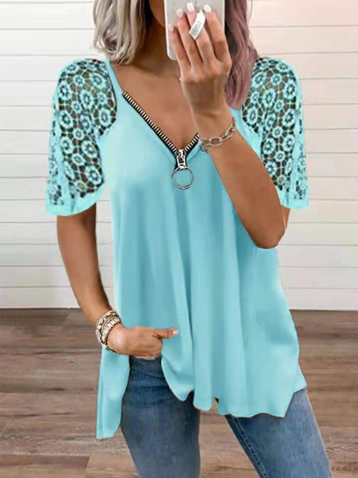 2023 NEW FASHION CASUAL LACE TOPS PATCHWORK SUMMER V-NECK HOLLOW OUT T-SHIRT mysite