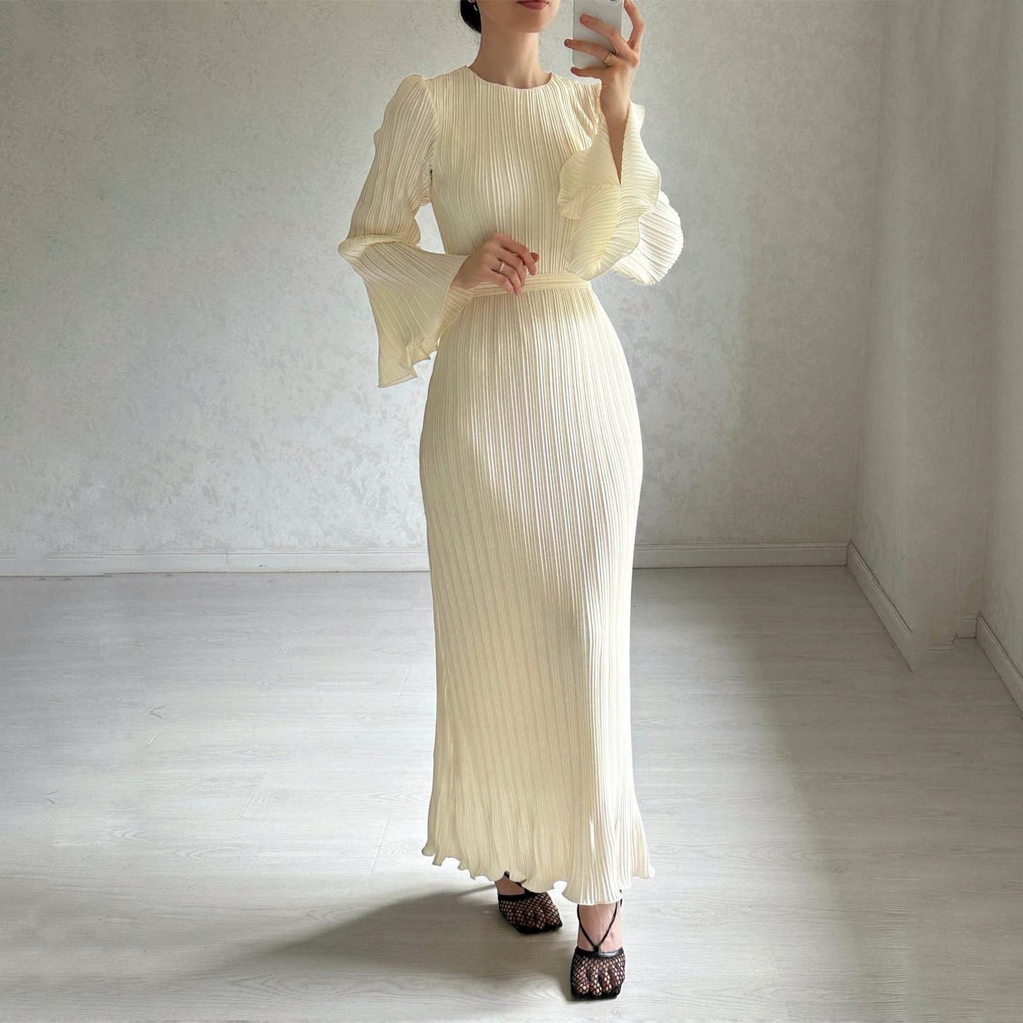Pleated Bell Sleeve Maxi Dress (Buy 2 Free Shipping) mysite