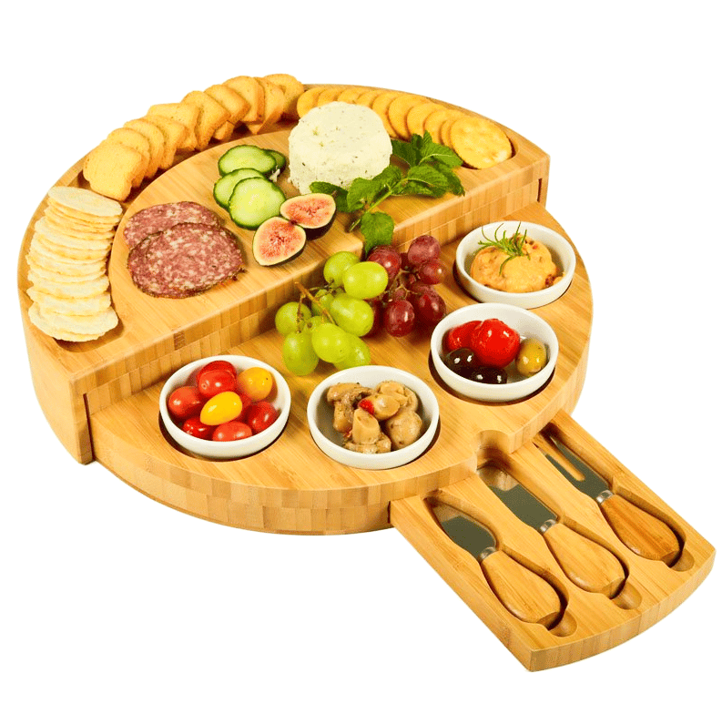 🧀2023 Bamboo Swivel Charcuterie Board🔥With 4 Integrated Ceramic Bowls And 3 Piece Knife Set mysite