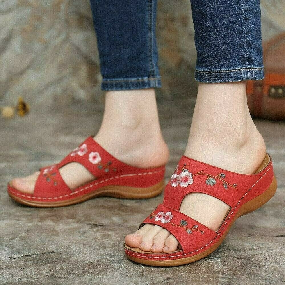 Flower Embroidered Vintage Comfy Wedges Sandals mysite