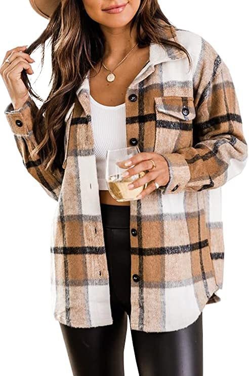 ✨Womens Casual Plaid Shacket Button Down Long Sleeve Shirt mysite