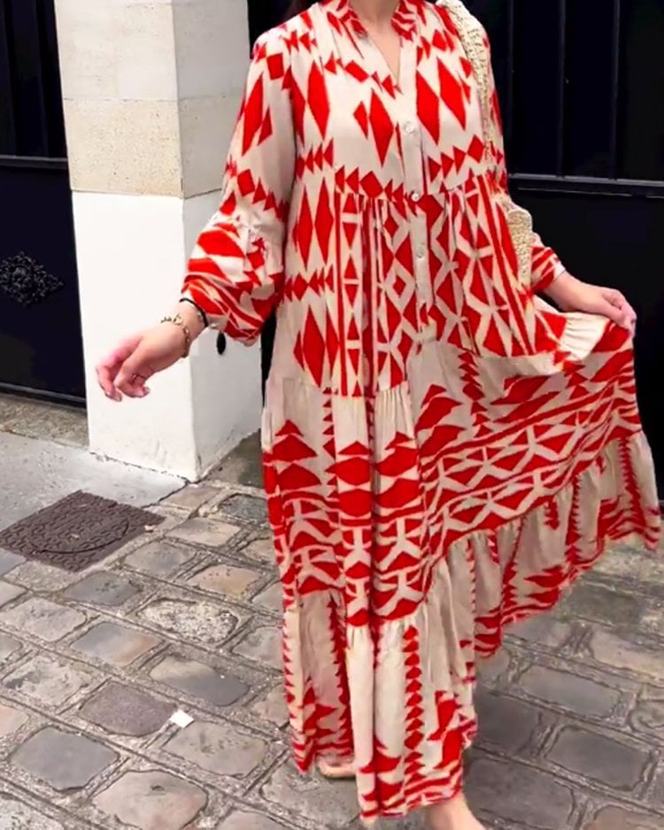 💥HOT SALE💥Oversized Retro Print V-Neck Dress - Buy two and get free shipping! mysite