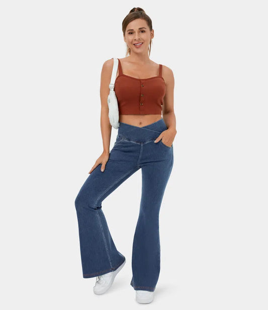 Stretchy Knit Denim Casual Super Flare Pants mysite