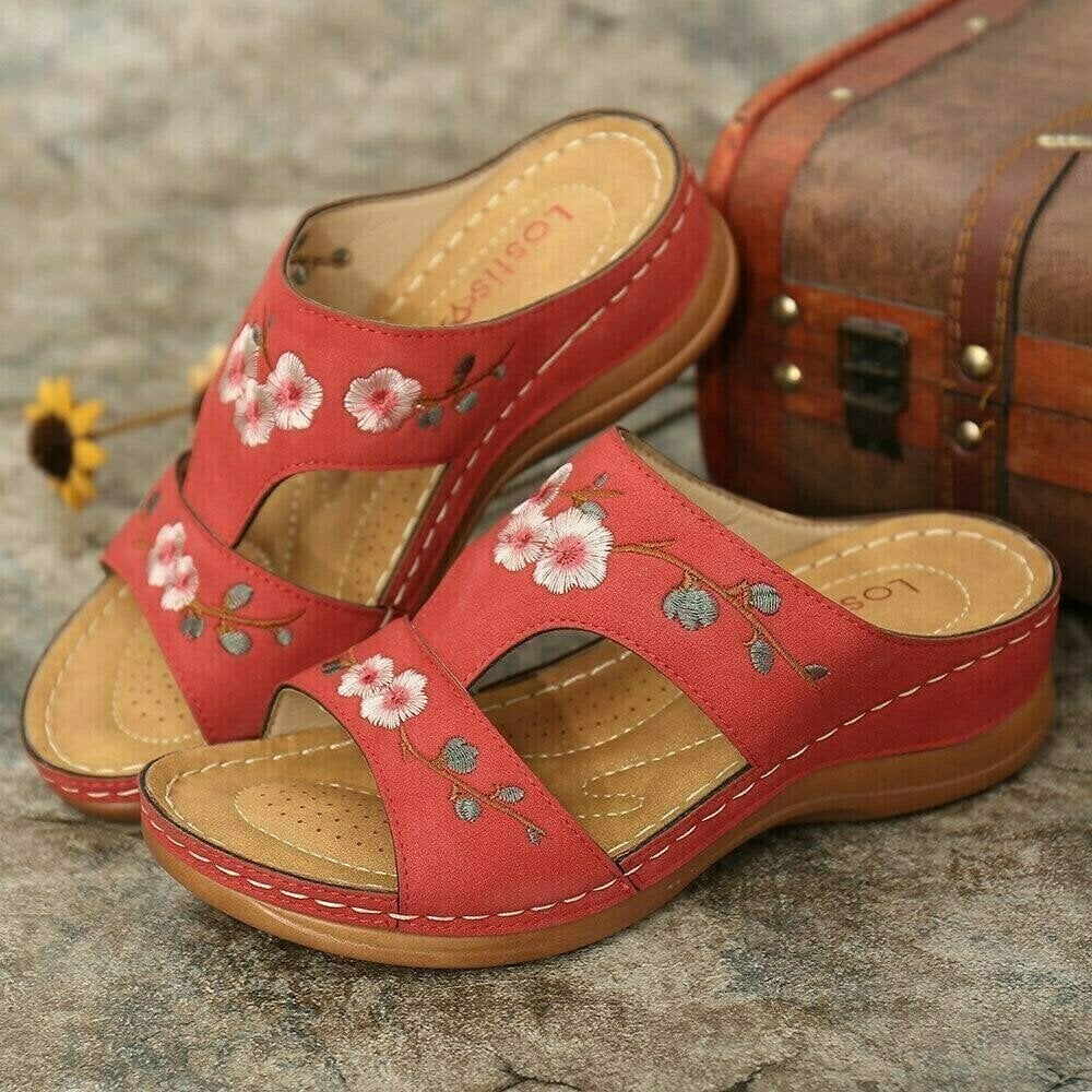 Flower Embroidered Vintage Comfy Wedges Sandals mysite