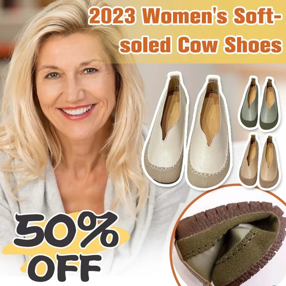 Women Soft-soled Cow Shoes Casual Round Toe Shallow Flat Comfort Soft Leather Loafers Shallow Lightweight Ladies Ballet Flats mysite