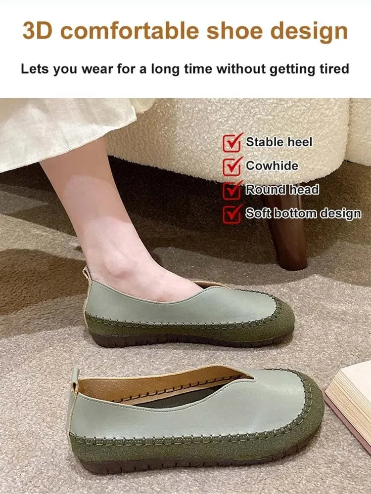 Women Soft-soled Cow Shoes Casual Round Toe Shallow Flat Comfort Soft Leather Loafers Shallow Lightweight Ladies Ballet Flats mysite