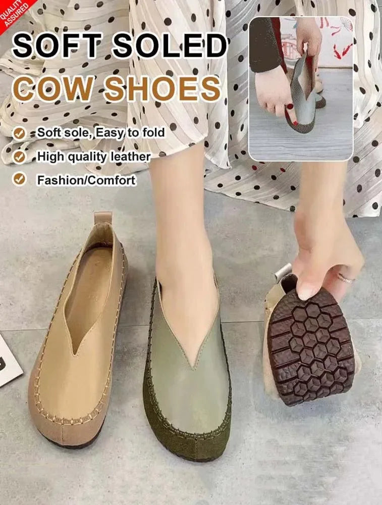 Women Soft-soled Cow Shoes Casual Round Toe Shallow Flat Comfort Soft Leather Loafers Shallow Lightweight Ladies Ballet Flats mysite