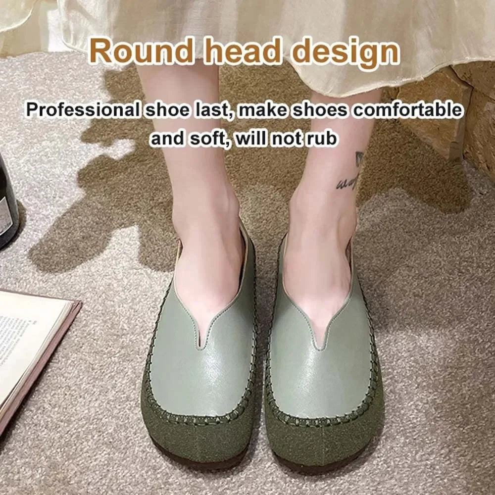 Women Soft-soled Cow Shoes Casual Round Toe Shallow Flat Comfort Soft Leather Loafers Shallow Lightweight Ladies Ballet Flats mysite