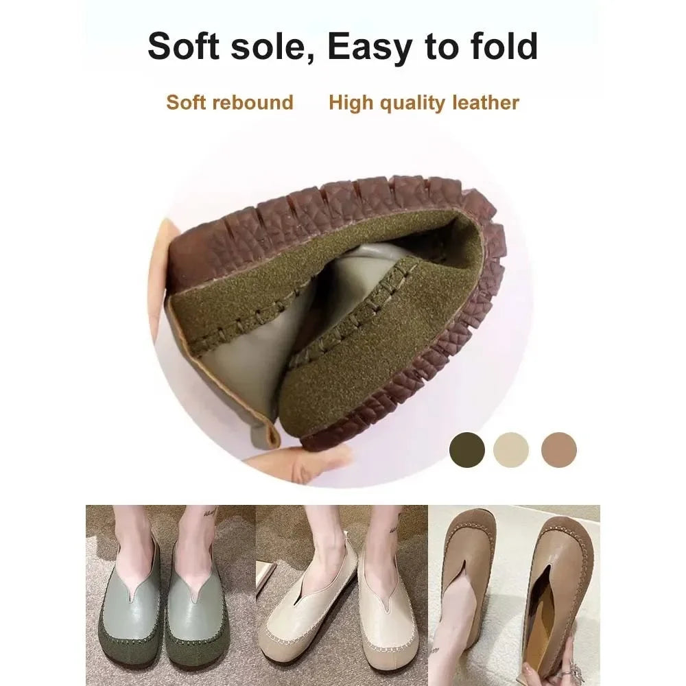 Women Soft-soled Cow Shoes Casual Round Toe Shallow Flat Comfort Soft Leather Loafers Shallow Lightweight Ladies Ballet Flats mysite