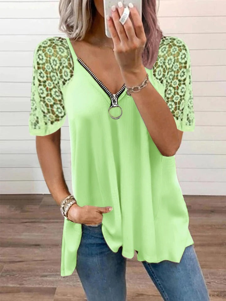 2023 NEW FASHION CASUAL LACE TOPS PATCHWORK SUMMER V-NECK HOLLOW OUT T-SHIRT mysite