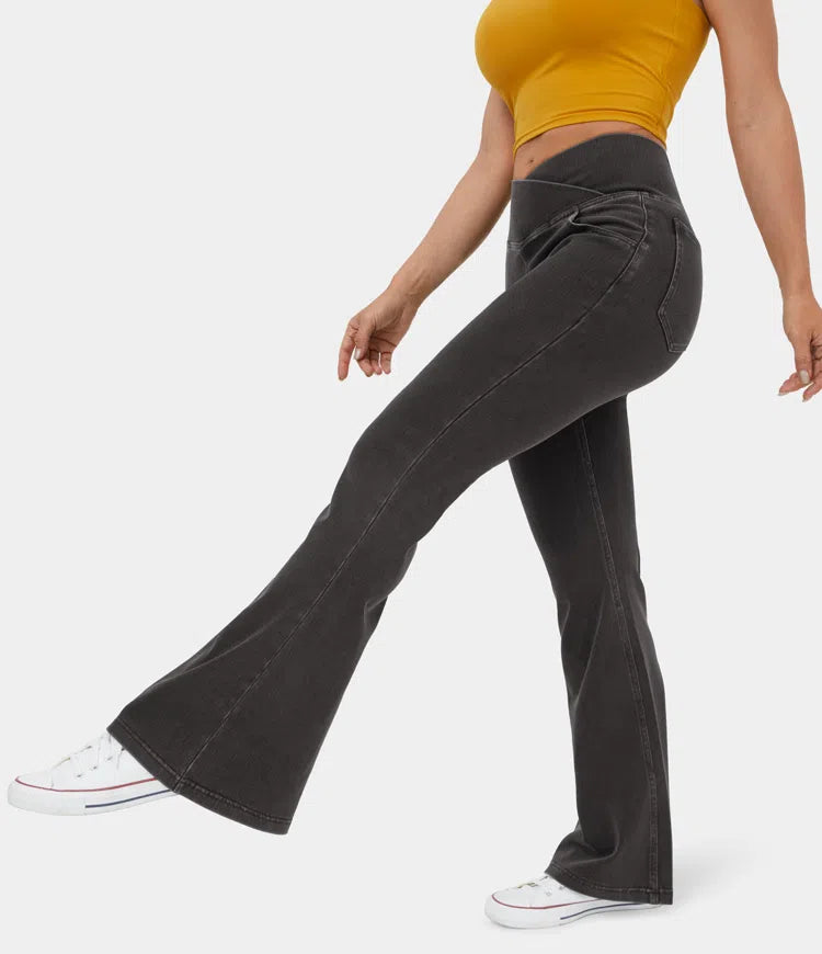 Stretchy Knit Denim Casual Super Flare Pants mysite