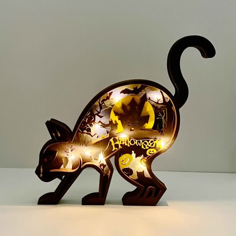 Animals Wooden Crafts Halloween Black Cat 3D Wall Statue Freestanding Art Decor mysite