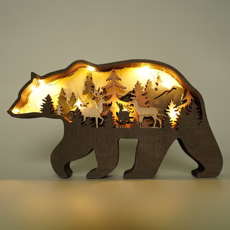 Multi Layer 3D Bear Wooden Carfts Wall Statue Freestanding Art Decor with Lights