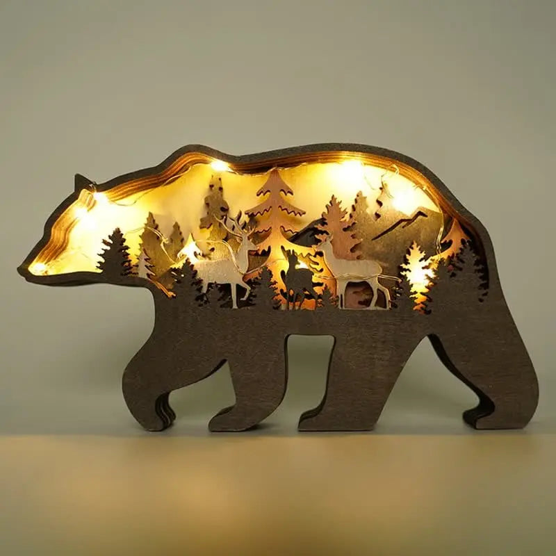Multi Layer 3D Bear Wooden Carfts Wall Statue Freestanding Art Decor with Lights mysite