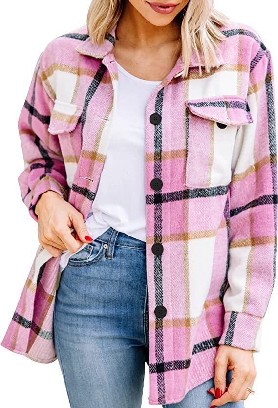 ✨Womens Casual Plaid Shacket Button Down Long Sleeve Shirt mysite