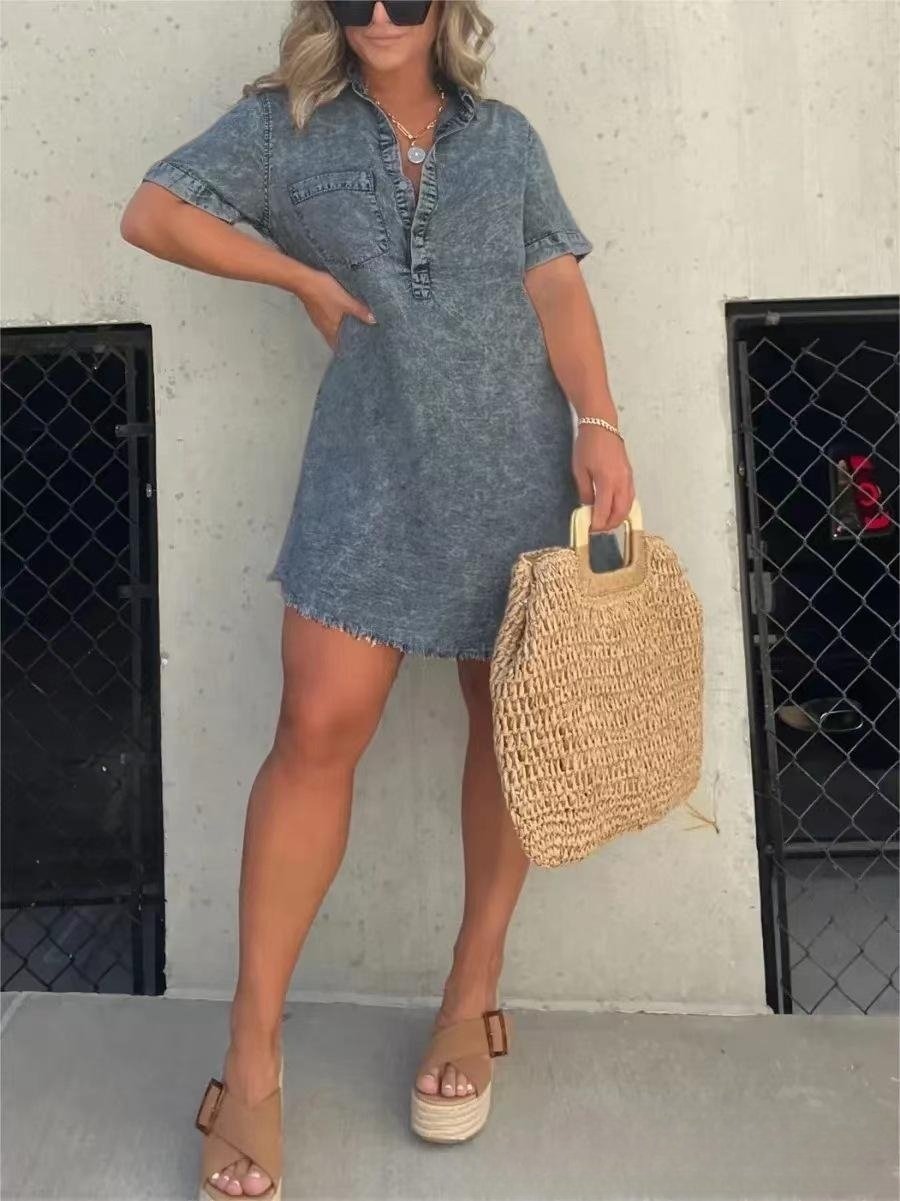 Short Sleeve Casual Denim Shirt Dress-Buy two and get free shipping! mysite