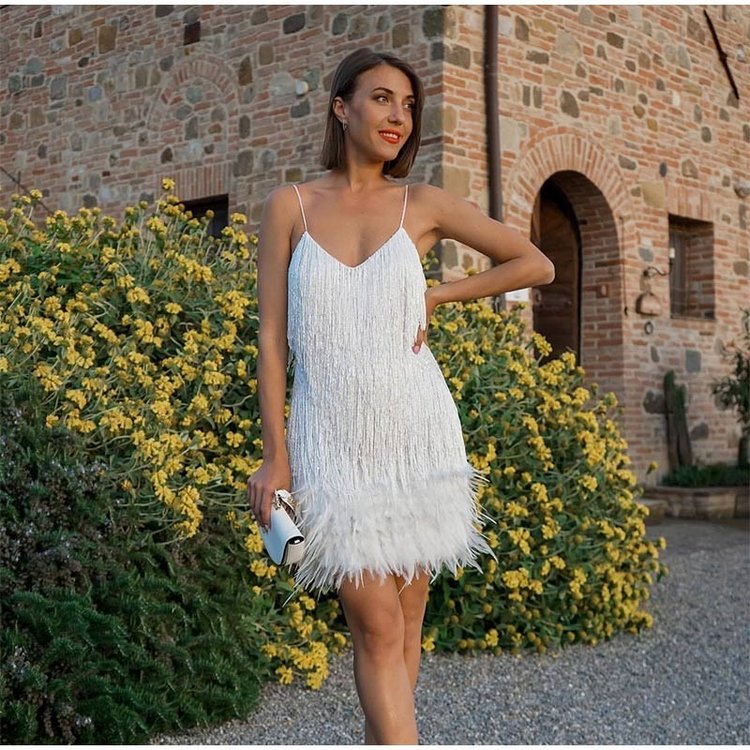 Women's Feather Fringe Sequin Spaghetti Strap Dress mysite