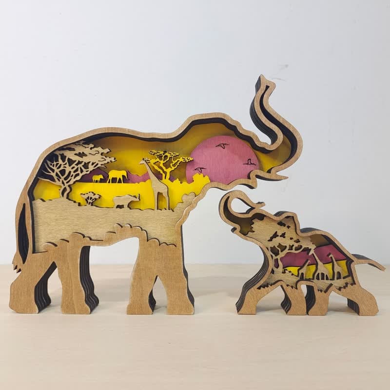 3D Wooden Animals Elephant Carved Statue Parent-Child Office Home Crafts