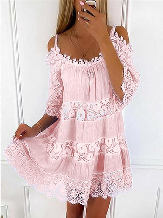 Sexy Spaghetti Strap Half Sleeve Off Shoulder Lace Panel  Dress mysite