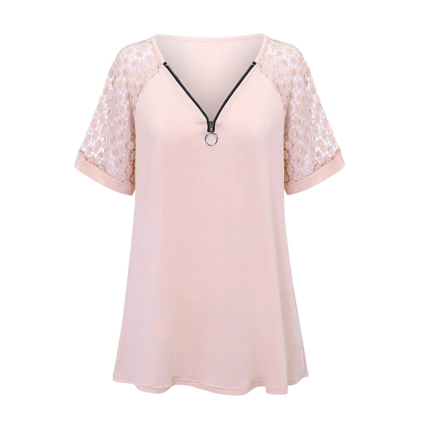 2023 NEW FASHION CASUAL LACE TOPS PATCHWORK SUMMER V-NECK HOLLOW OUT T-SHIRT