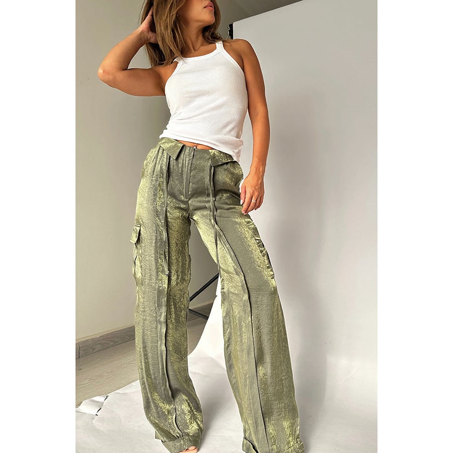 Golden Years Glitter Fabric Drawstring Waist Pocketed Wide Leg Pants - Buy two and get free shipping! mysite