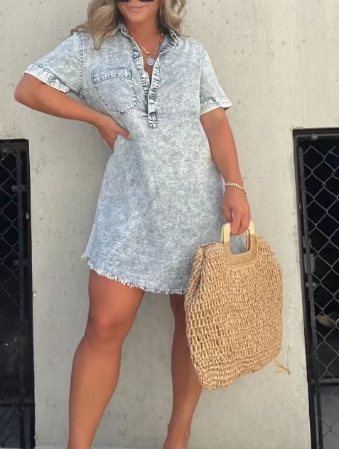 Short Sleeve Casual Denim Shirt Dress-Buy two and get free shipping! mysite